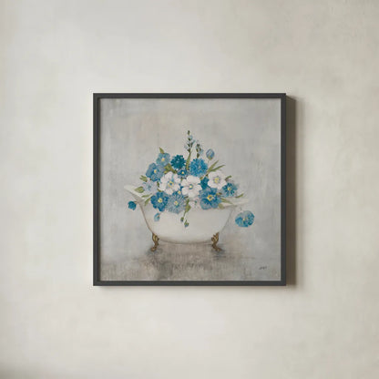 Bathing Beauty Blue by Julia Purinton. Shown in a sleek black glass frame for a contemporary gallery look. Available as an archival giclee rolled canvas, fine art paper, or poster print. SKU 83760a.
