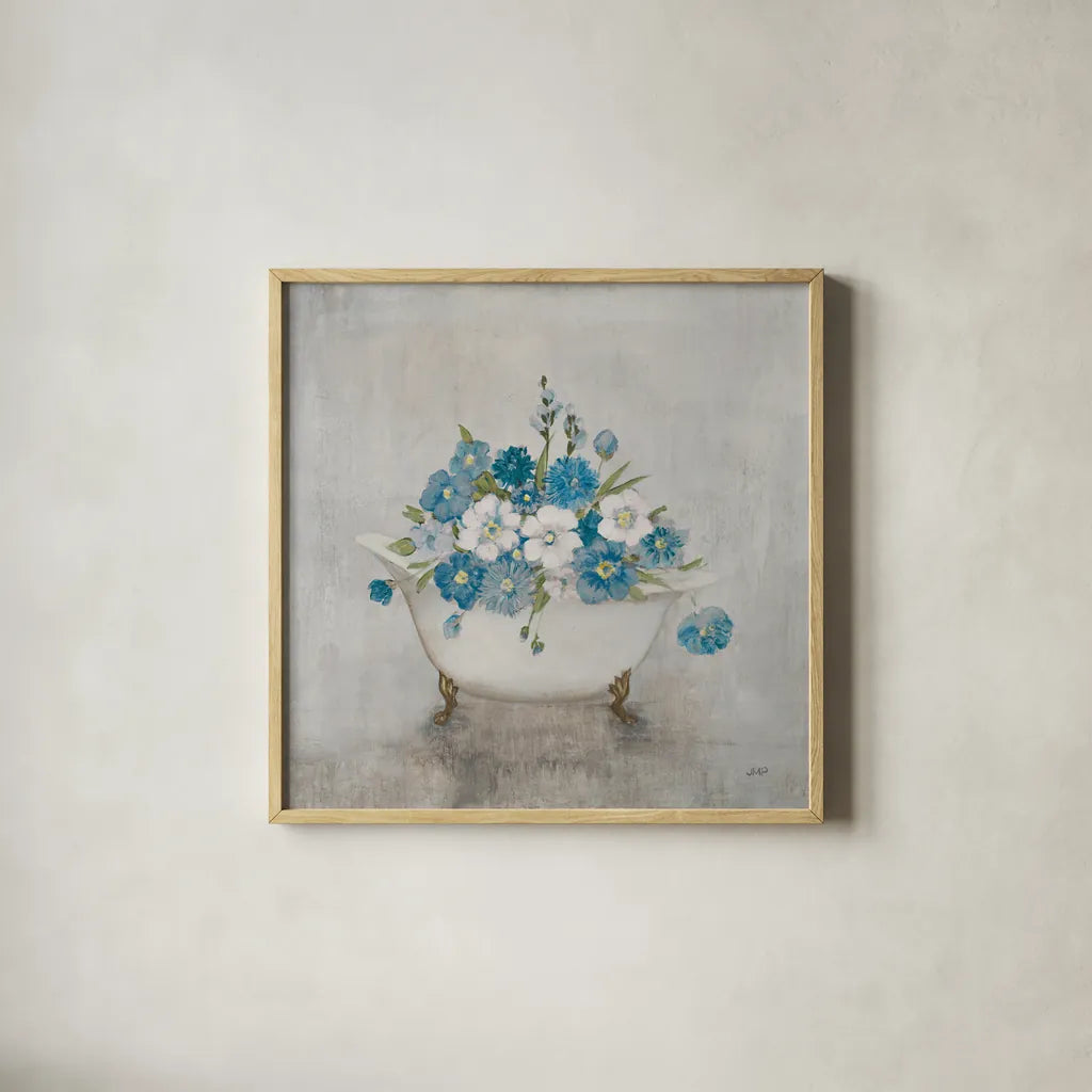 Bathing Beauty Blue by Julia Purinton. Shown in a natural wood glass frame for a timeless modern aesthetic. Available as an archival giclee rolled canvas, fine art paper, or poster print. SKU 83760a.