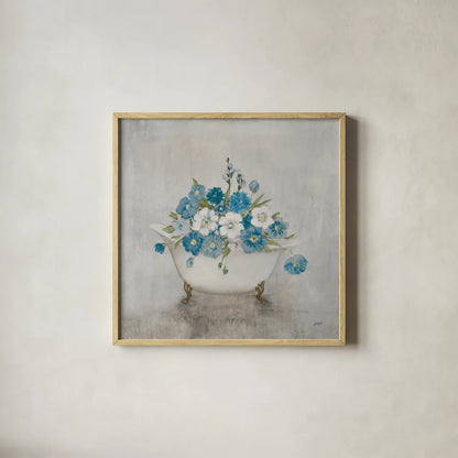 Bathing Beauty Blue by Julia Purinton. Shown in a natural wood glass frame for a timeless modern aesthetic. Available as an archival giclee rolled canvas, fine art paper, or poster print. SKU 83760a.