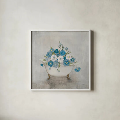 Bathing Beauty Blue by Julia Purinton. Shown in a crisp white glass frame for a clean and minimalist style. Available as an archival giclee rolled canvas, fine art paper, or poster print. SKU 83760a.