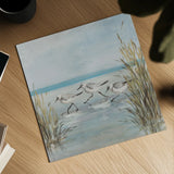 Beach Birds III by Julia Purinton. Shown as a detailed flat fine art print, highlighting archival giclee quality. Available as an archival giclee rolled canvas, fine art paper, or poster print. SKU 99746a.