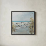 Beach Birds III by Julia Purinton. Shown in a sleek black glass frame for a contemporary gallery look. Available as an archival giclee rolled canvas, fine art paper, or poster print. SKU 99746a.