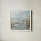 Beach Birds III by Julia Purinton. Shown in a crisp white glass frame for a clean and minimalist style. Available as an archival giclee rolled canvas, fine art paper, or poster print. SKU 99746a.