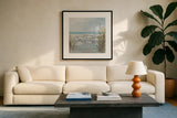 Beach Birds III by Julia Purinton. Displayed in a glass frame with matte in a clean modern living room. Available as an archival giclee rolled canvas, fine art paper, or poster print. SKU 99746a.