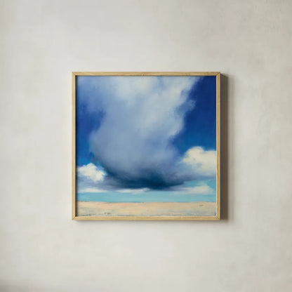 Beach Clouds I by Julia Purinton. Shown in a natural wood glass frame for a timeless modern aesthetic. Available as an archival giclee rolled canvas, fine art paper, or poster print. SKU 33435a.