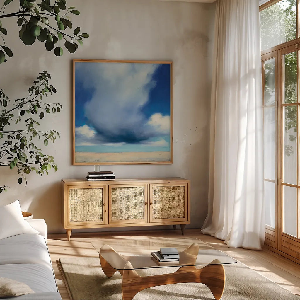 Beach Clouds I by Julia Purinton. Shown in a natural wood frame in a cozy modern living room. Available as an archival giclee rolled canvas, fine art paper, or poster print. SKU 33435a.