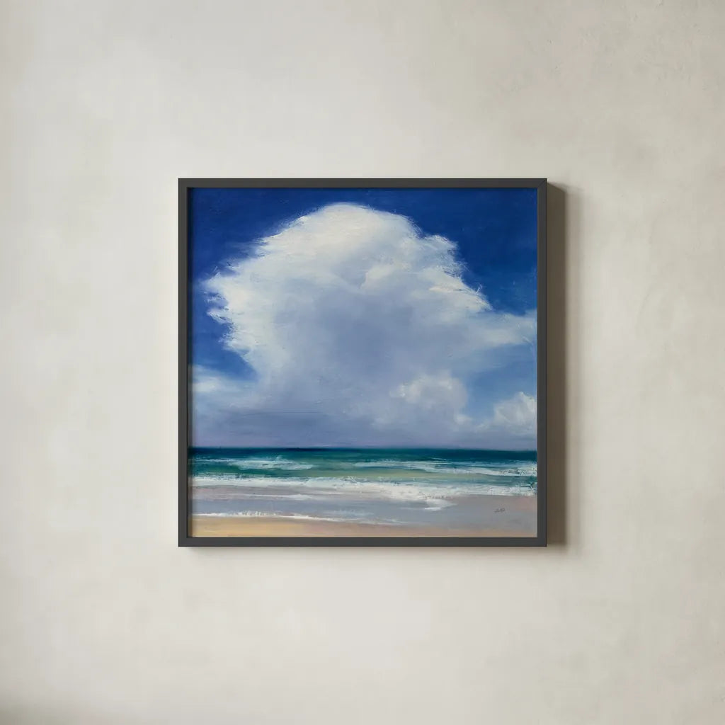 Beach Clouds II by Julia Purinton. Shown in a sleek black glass frame for a contemporary gallery look. Available as an archival giclee rolled canvas, fine art paper, or poster print. SKU 33436a.