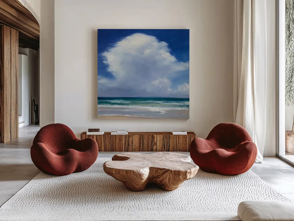 Beach Clouds II by Julia Purinton. Shown as extra-large giant wall art in a modern living room. Available as an archival giclee rolled canvas, fine art paper, or poster print. SKU 33436a.