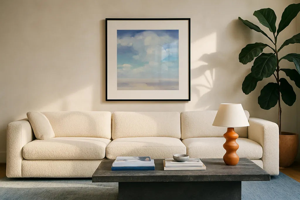 Beach Sky by Julia Purinton. Displayed in a glass frame with matte in a clean modern living room. Available as an archival giclee rolled canvas, fine art paper, or poster print. SKU 73768a.