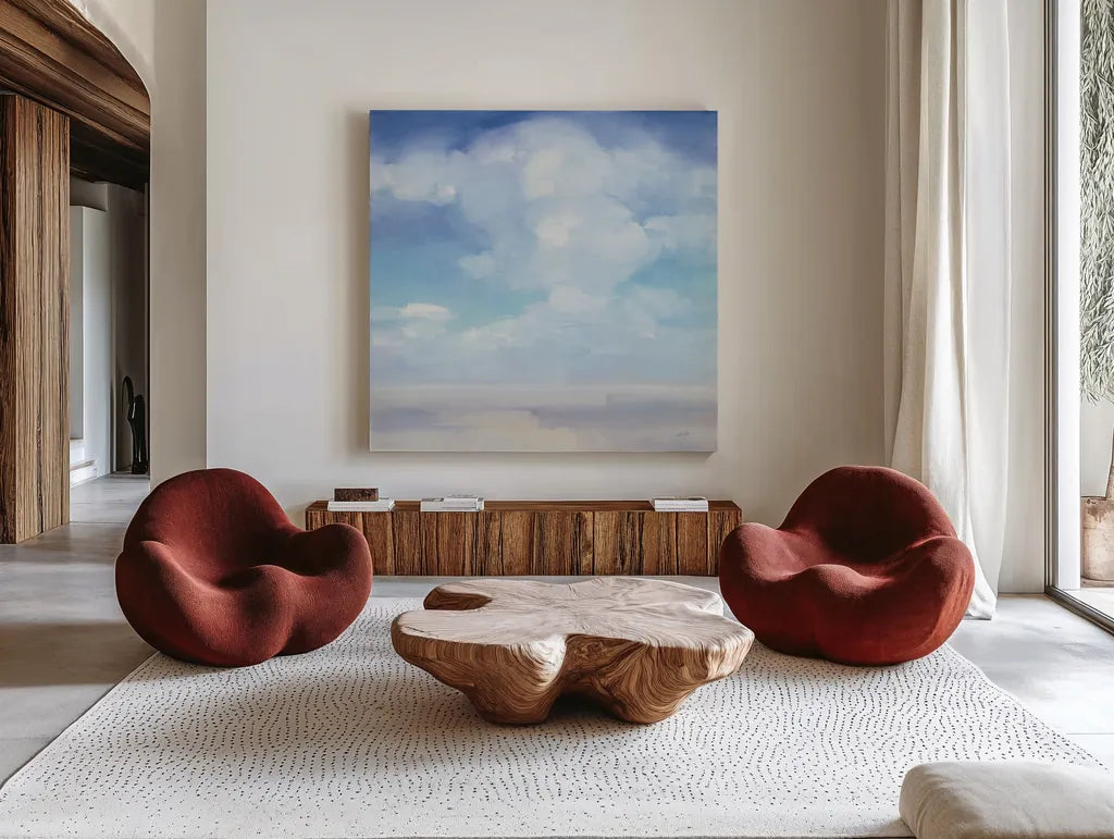 Beach Sky by Julia Purinton. Shown as extra-large giant wall art in a modern living room. Available as an archival giclee rolled canvas, fine art paper, or poster print. SKU 73768a.