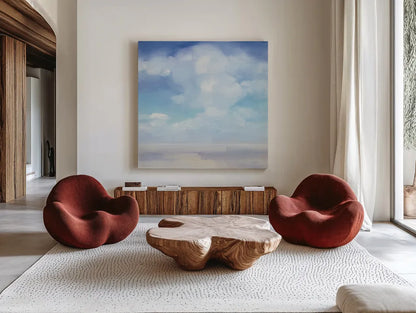 Beach Sky by Julia Purinton. Shown as extra-large giant wall art in a modern living room. Available as an archival giclee rolled canvas, fine art paper, or poster print. SKU 73768a.