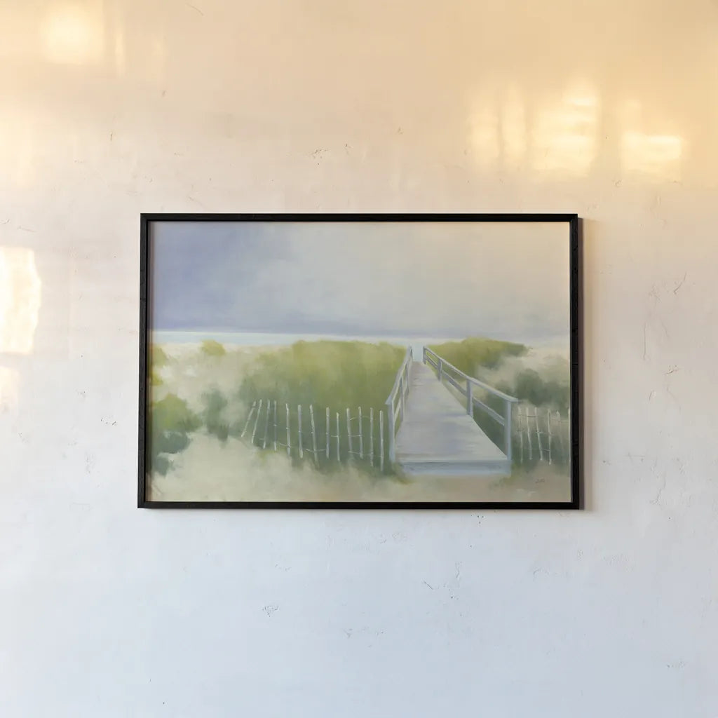 Beach Walk by Julia Purinton. shown as a paper print in a black flame. Available as a archival giclee rolled canvas, fine art paper, or poster print. SKU 46969i.