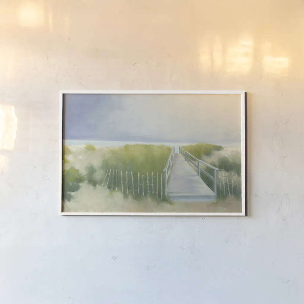 Beach Walk by Julia Purinton. shown as a paper print in a white frame. Available as a archival giclee rolled canvas, fine art paper, or poster print. SKU 46969i.
