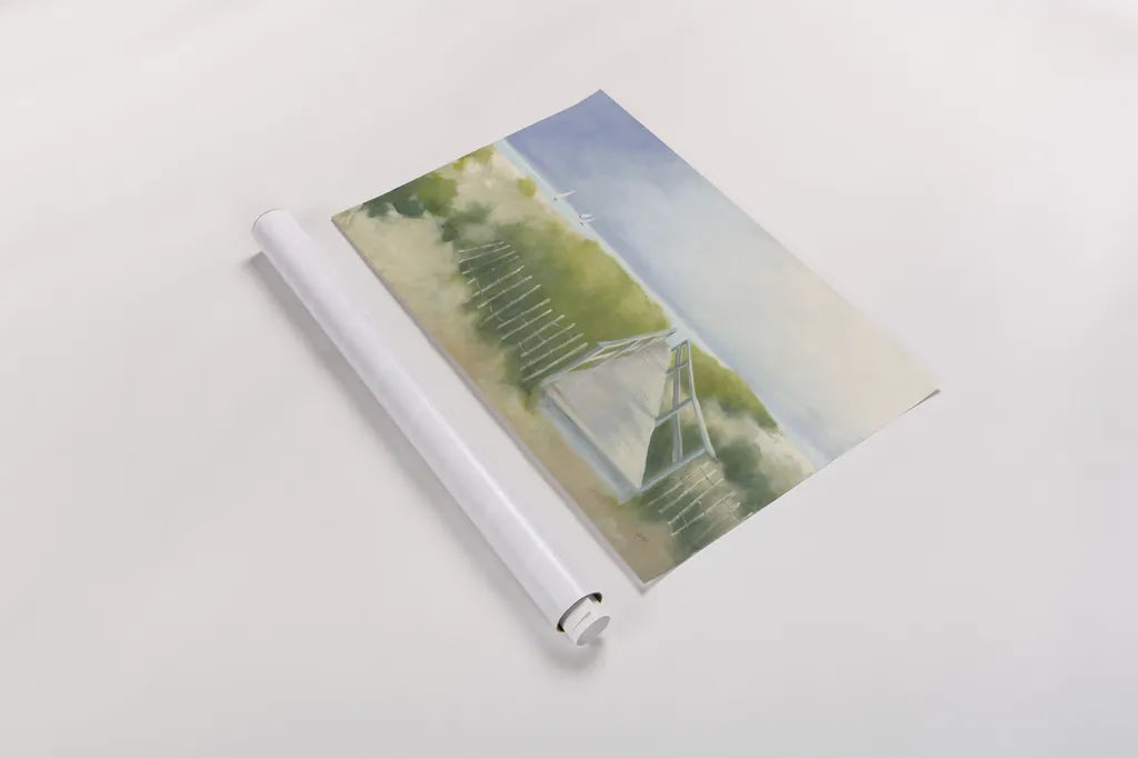 Beach Walk with Boats by Julia Purinton. shown as a rolled paper print. Available as archival giclee rolled canvas, fine art paper, or poster print. SKU 48171i.