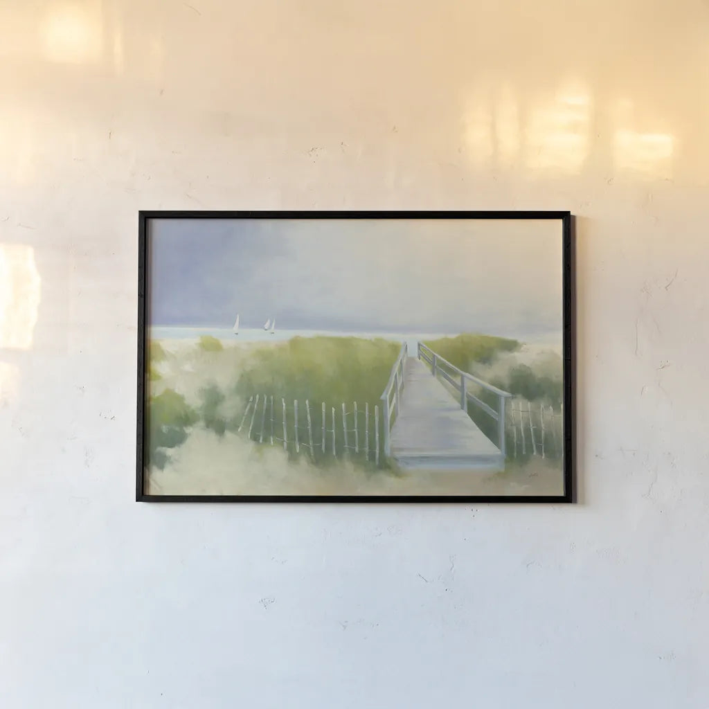 Beach Walk with Boats by Julia Purinton. shown as a paper print in a black flame. Available as a archival giclee rolled canvas, fine art paper, or poster print. SKU 48171i.