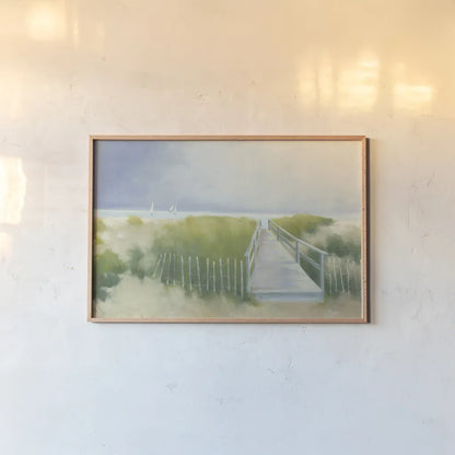 Beach Walk with Boats by Julia Purinton. shown as a paper print in a natural frame. Available as a archival giclee rolled canvas, fine art paper, or poster print. SKU 48171i.