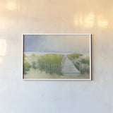 Beach Walk with Boats by Julia Purinton. shown as a paper print in a white frame. Available as a archival giclee rolled canvas, fine art paper, or poster print. SKU 48171i.
