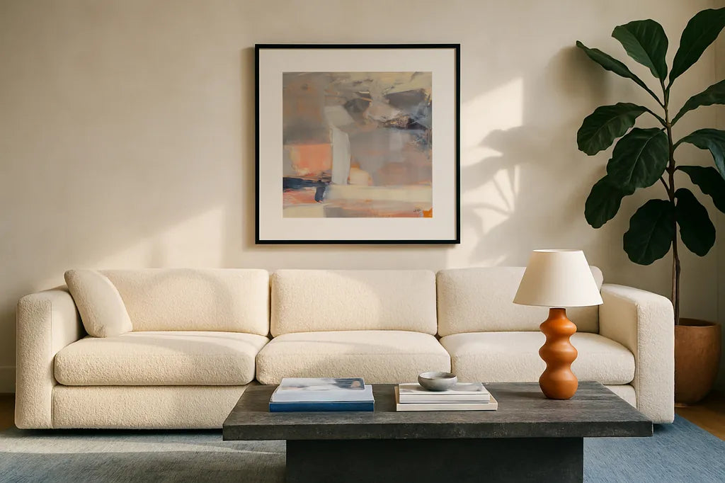 Beale Street Abstract II Crop by Julia Purinton. Displayed in a glass frame with matte in a clean modern living room. Available as an archival giclee rolled canvas, fine art paper, or poster print. SKU 91419a.