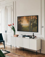 Between the Worlds by Julia Purinton. shown as a framed stretched canvas in a living room above a console. Available as a archival giclee rolled canvas, fine art paper, or poster print. SKU 5066i.