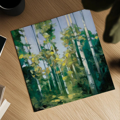 Birches by Julia Purinton. Shown as a detailed flat fine art print, highlighting archival giclee quality. Available as an archival giclee rolled canvas, fine art paper, or poster print. SKU 20918a.