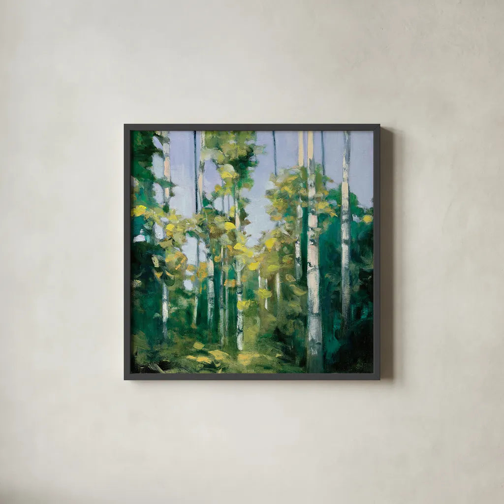 Birches by Julia Purinton. Shown in a sleek black glass frame for a contemporary gallery look. Available as an archival giclee rolled canvas, fine art paper, or poster print. SKU 20918a.