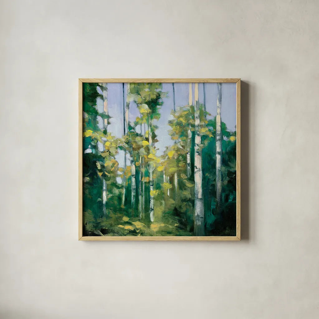 Birches by Julia Purinton. Shown in a natural wood glass frame for a timeless modern aesthetic. Available as an archival giclee rolled canvas, fine art paper, or poster print. SKU 20918a.