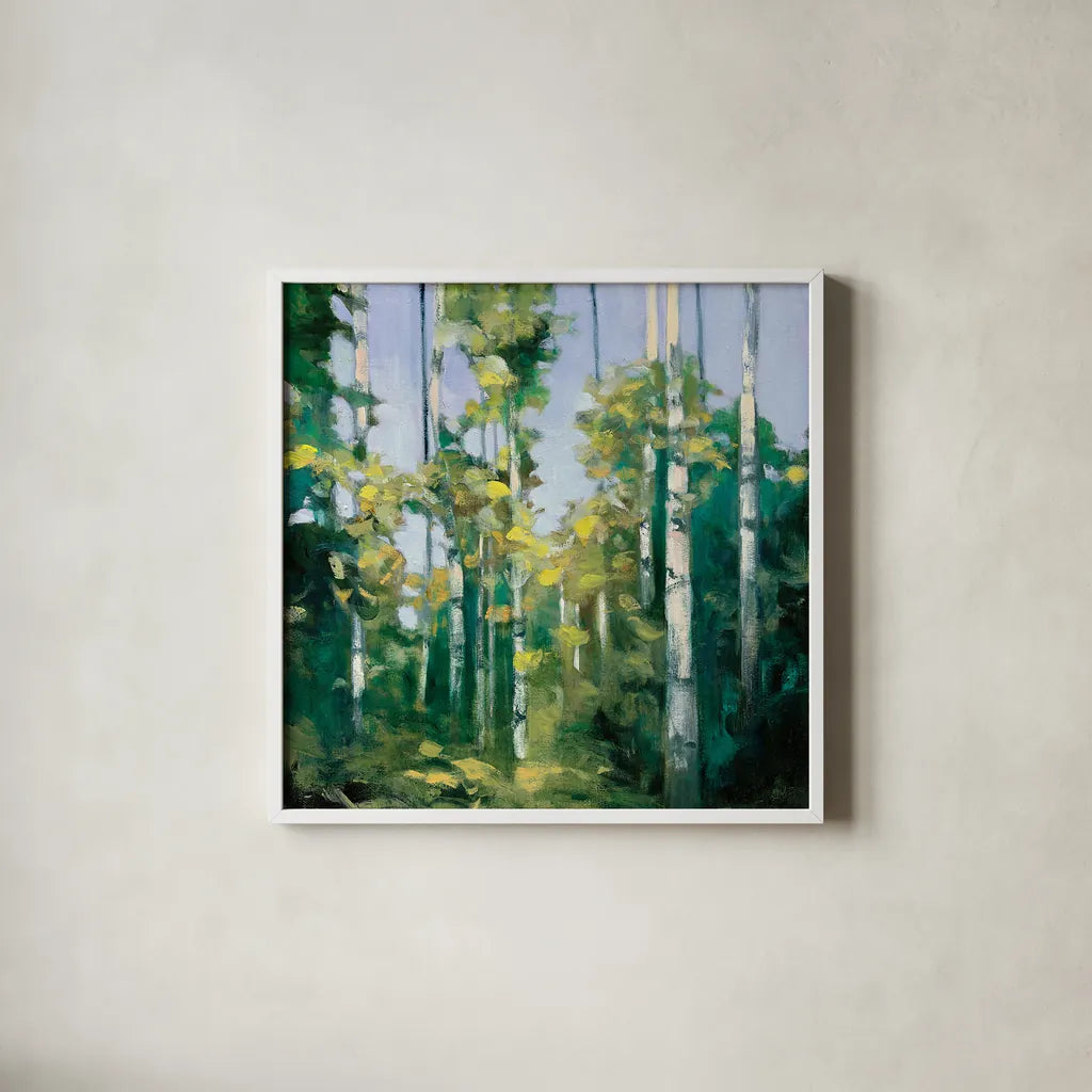 Birches by Julia Purinton. Shown in a crisp white glass frame for a clean and minimalist style. Available as an archival giclee rolled canvas, fine art paper, or poster print. SKU 20918a.