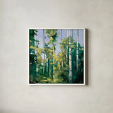 Birches by Julia Purinton. Shown in a crisp white glass frame for a clean and minimalist style. Available as an archival giclee rolled canvas, fine art paper, or poster print. SKU 20918a.
