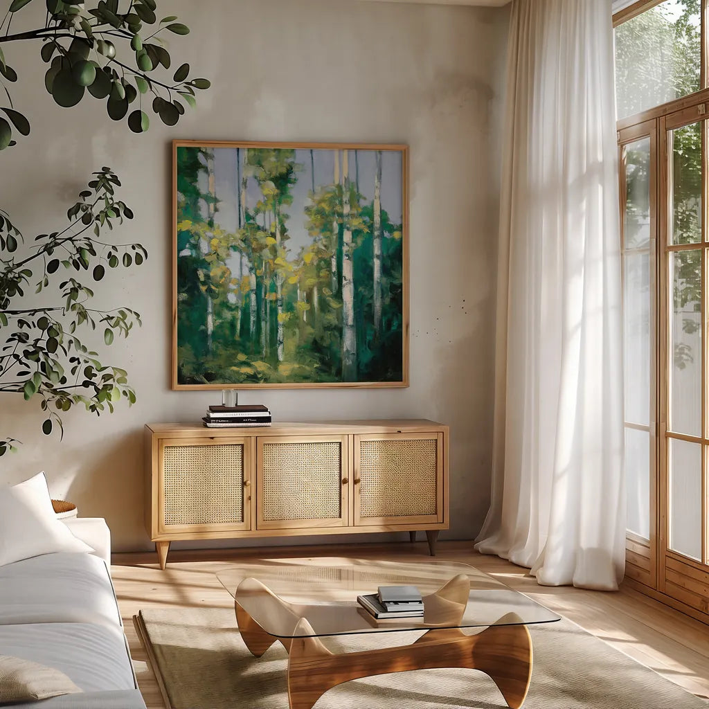Birches by Julia Purinton. Shown in a natural wood frame in a cozy modern living room. Available as an archival giclee rolled canvas, fine art paper, or poster print. SKU 20918a.