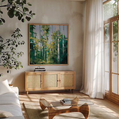 Birches by Julia Purinton. Shown in a natural wood frame in a cozy modern living room. Available as an archival giclee rolled canvas, fine art paper, or poster print. SKU 20918a.