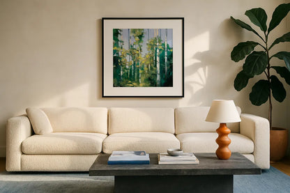 Birches by Julia Purinton. Displayed in a glass frame with matte in a clean modern living room. Available as an archival giclee rolled canvas, fine art paper, or poster print. SKU 20918a.