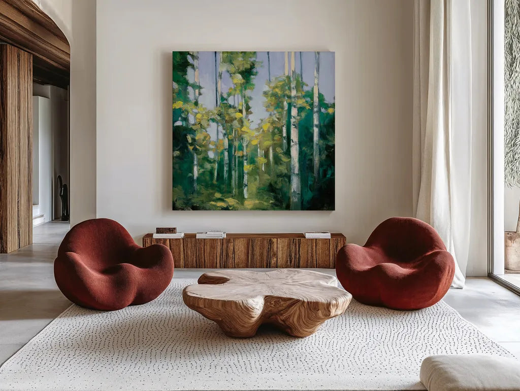 Birches by Julia Purinton. Shown as extra-large giant wall art in a modern living room. Available as an archival giclee rolled canvas, fine art paper, or poster print. SKU 20918a.