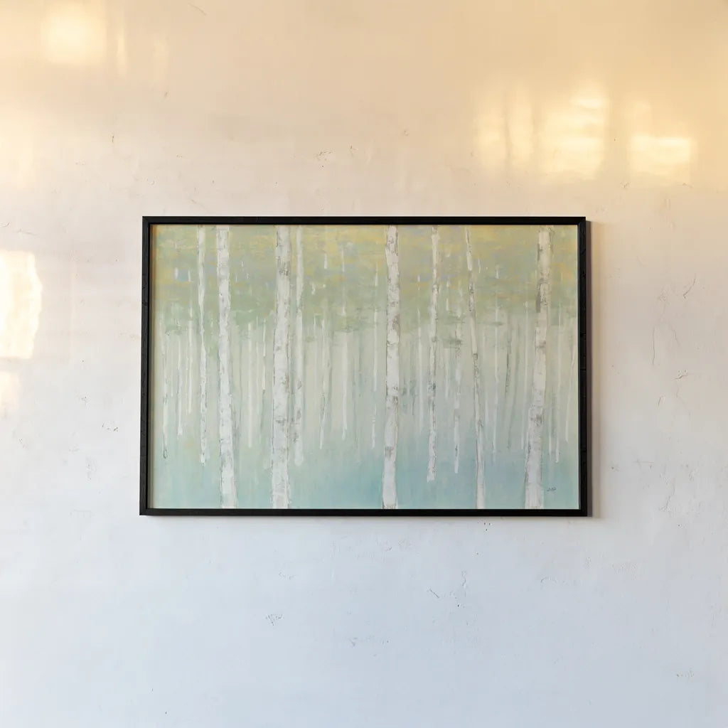 Birches at Sunrise by Julia Purinton. shown as a paper print in a black flame. Available as a archival giclee rolled canvas, fine art paper, or poster print. SKU 50234i.