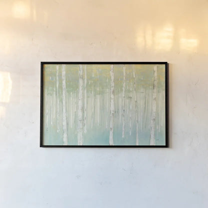 Birches at Sunrise by Julia Purinton. shown as a paper print in a black flame. Available as a archival giclee rolled canvas, fine art paper, or poster print. SKU 50234i.