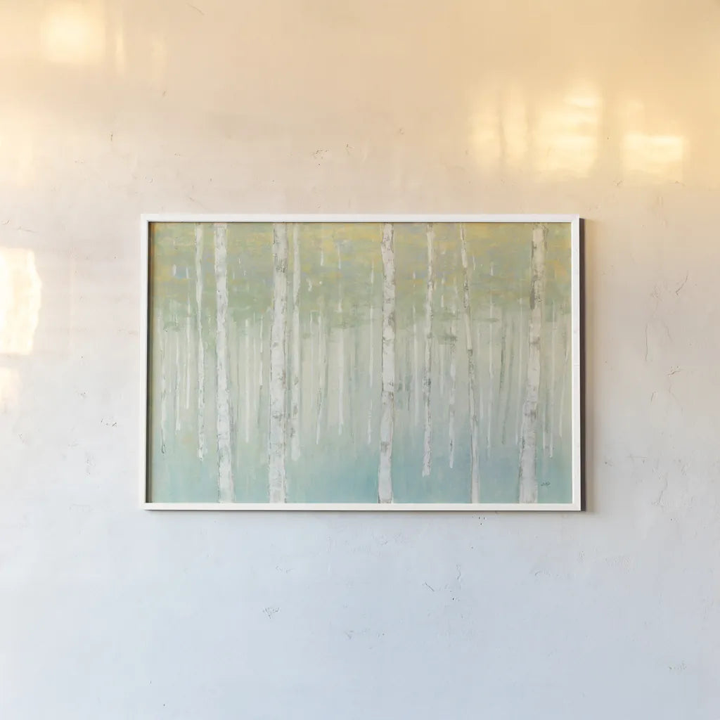 Birches at Sunrise by Julia Purinton. shown as a paper print in a white frame. Available as a archival giclee rolled canvas, fine art paper, or poster print. SKU 50234i.