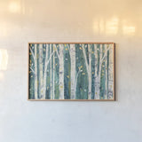 Birches in Spring by Julia Purinton. shown as a paper print in a natural frame. Available as a archival giclee rolled canvas, fine art paper, or poster print. SKU 21962i.
