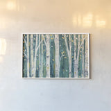 Birches in Spring by Julia Purinton. shown as a paper print in a white frame. Available as a archival giclee rolled canvas, fine art paper, or poster print. SKU 21962i.