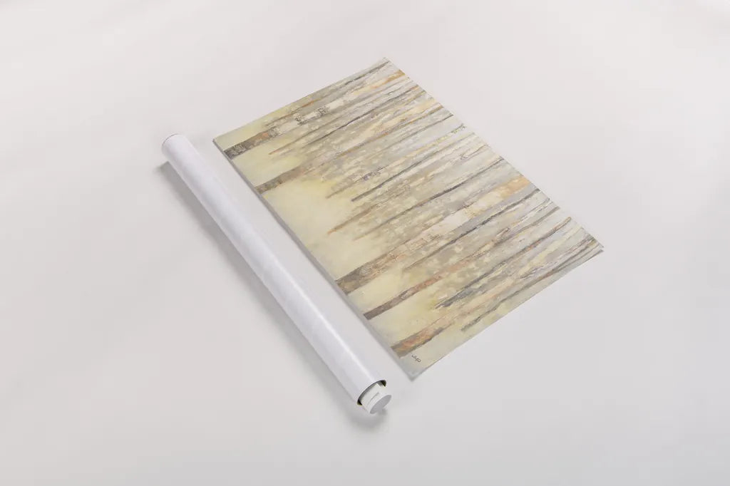 Birches in Winter by Julia Purinton. shown as a rolled paper print. Available as archival giclee rolled canvas, fine art paper, or poster print. SKU 21963i.