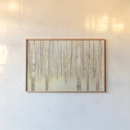 Birches in Winter by Julia Purinton. shown as a paper print in a natural frame. Available as a archival giclee rolled canvas, fine art paper, or poster print. SKU 21963i.
