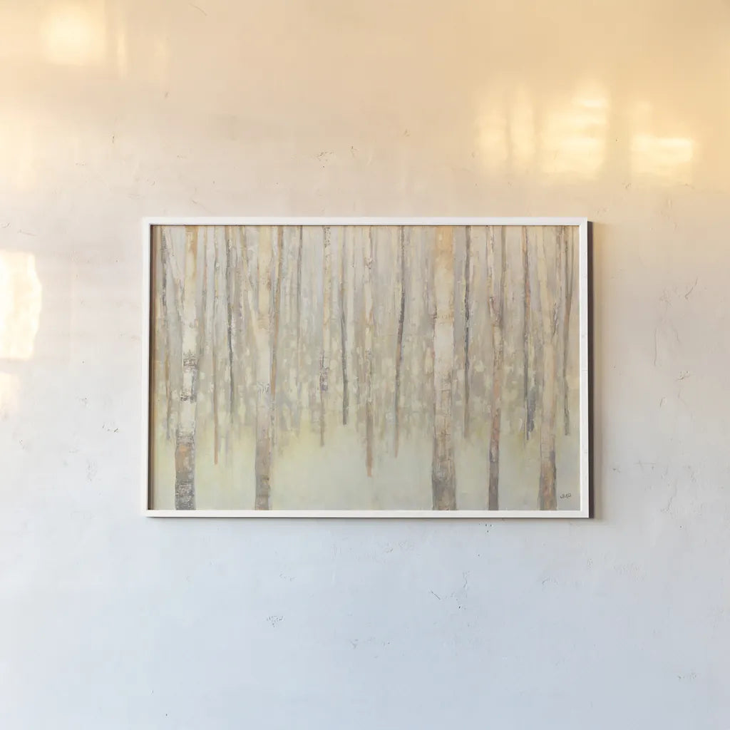 Birches in Winter by Julia Purinton. shown as a paper print in a white frame. Available as a archival giclee rolled canvas, fine art paper, or poster print. SKU 21963i.