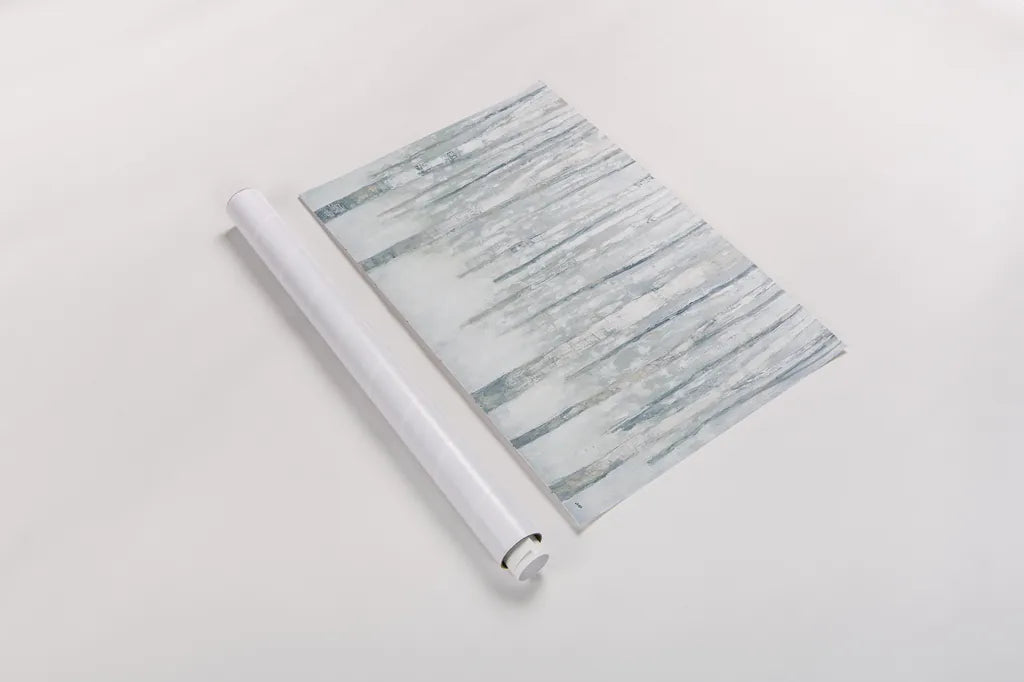 Birches in Winter Blue Gray by Julia Purinton. shown as a rolled paper print. Available as archival giclee rolled canvas, fine art paper, or poster print. SKU 21964i.