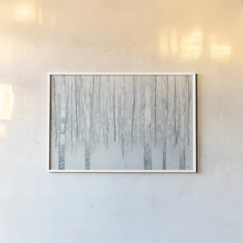 Birches in Winter Blue Gray by Julia Purinton. shown as a paper print in a white frame. Available as a archival giclee rolled canvas, fine art paper, or poster print. SKU 21964i.