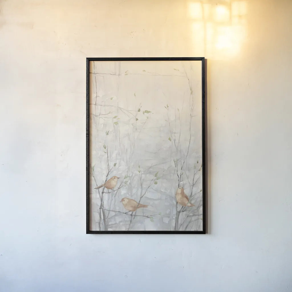 Birds in Trees I Brown by Julia Purinton. shown as a paper print in a black flame. Available as a archival giclee rolled canvas, fine art paper, or poster print. SKU 72207h.
