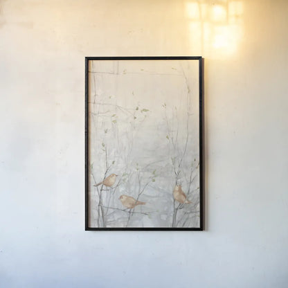 Birds in Trees I Brown by Julia Purinton. shown as a paper print in a black flame. Available as a archival giclee rolled canvas, fine art paper, or poster print. SKU 72207h.