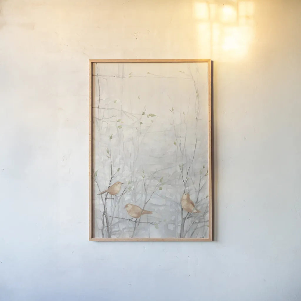 Birds in Trees I Brown by Julia Purinton. shown as a paper print in a natural frame. Available as a archival giclee rolled canvas, fine art paper, or poster print. SKU 72207h.
