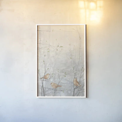 Birds in Trees I Brown by Julia Purinton. shown as a paper print in a white frame. Available as a archival giclee rolled canvas, fine art paper, or poster print. SKU 72207h.