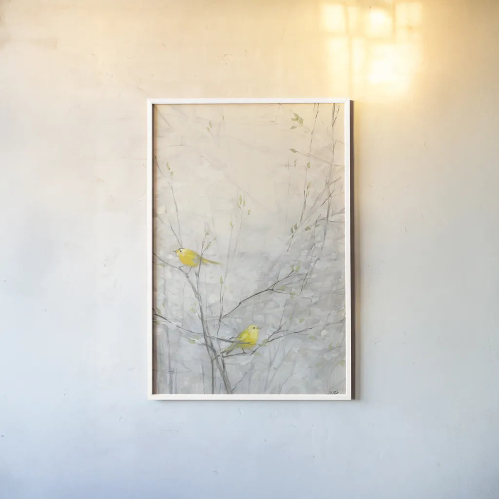 Birds in Trees II by Julia Purinton. shown as a paper print in a white frame. Available as a archival giclee rolled canvas, fine art paper, or poster print. SKU 70139h.