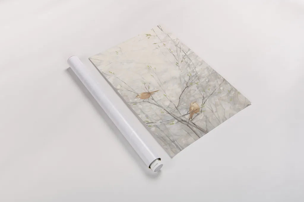 Birds in Trees II Brown by Julia Purinton. shown as a rolled paper print. Available as archival giclee rolled canvas, fine art paper, or poster print. SKU 72208h.