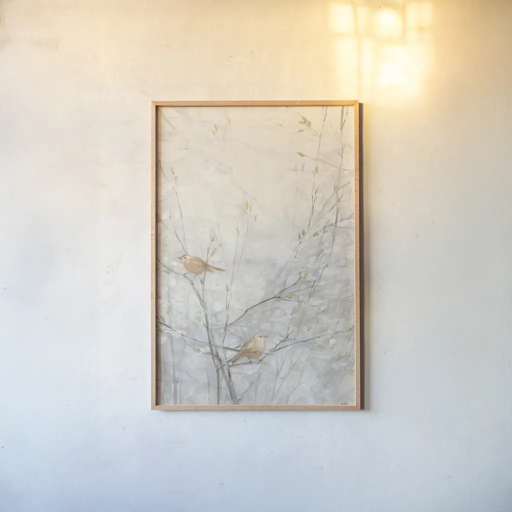 Birds in Trees II Brown by Julia Purinton. shown as a paper print in a natural frame. Available as a archival giclee rolled canvas, fine art paper, or poster print. SKU 72208h.