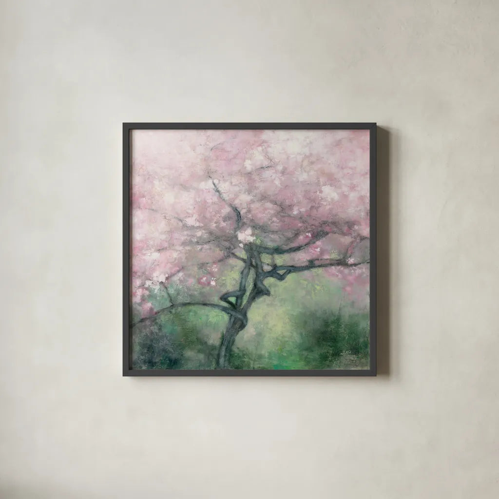 Blooming Apple Tree by Julia Purinton. Shown in a sleek black glass frame for a contemporary gallery look. Available as an archival giclee rolled canvas, fine art paper, or poster print. SKU 63247a.